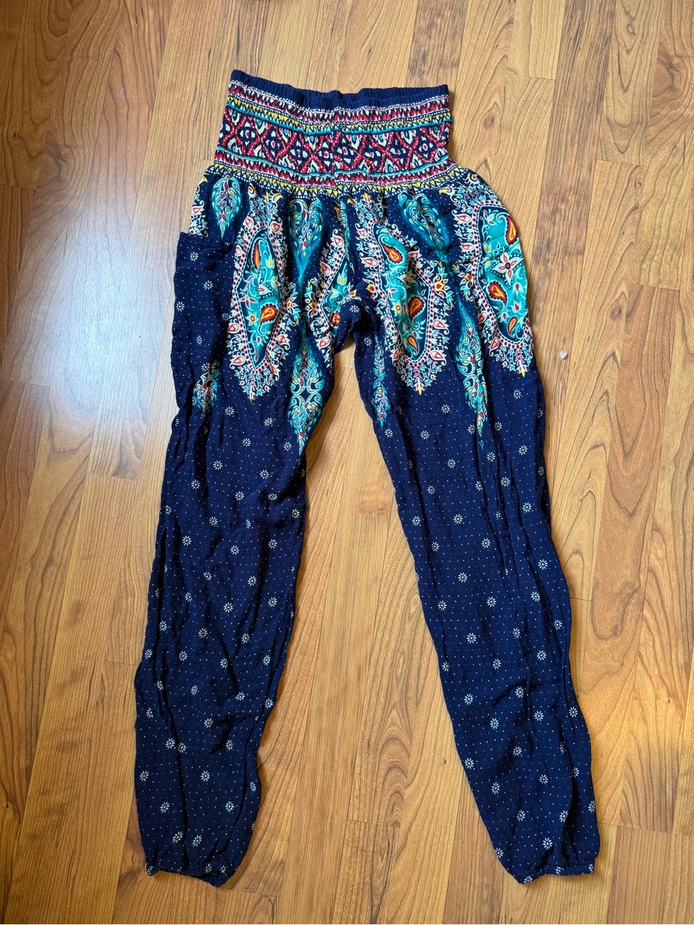 Navy Boho Paisley Harem Hippie Pants with Smocked Waist